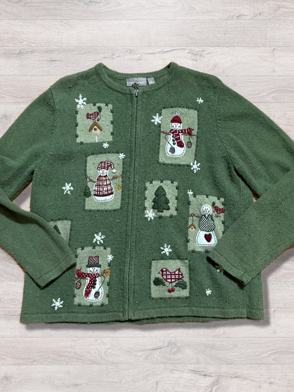 Vintage CROFT & BARROW Full Zip Winter Snowman Christmas Cardigan Sweater Size M